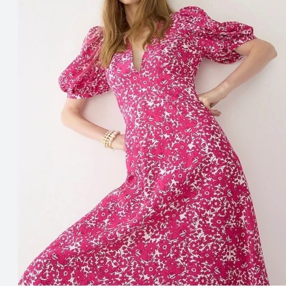 J. Crew Collection Puff Sleeve V Neck Maxi Dress Drapey Floral Pink Sz 8 Easter - Picture 12 of 15
